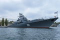 Russian ship of the Black Sea Navy in the port of Sevastopol. The gray sky in the background. Royalty Free Stock Photo