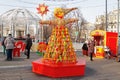 Russian Shrovetide doll made of straw and decorated with ribbons at Russian national festival `Shrove` in Moscow