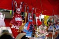 Russian Shrovetide small dolls in traditional colorful dresses at Russian national festival `Shrove` in Moscow