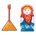 Russian slovenian culture icon, matryoshka and balalaika stuff historical ancient, old culture cartoon vector