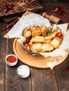 Russian snacks mini fried pies chebureki wth sauce