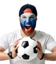 Russian soccer fan man hold ball celebrating happy laughing shouting with russian flag on face and free text copy space isolated Royalty Free Stock Photo