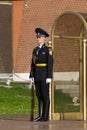 Russian soldier on guard in the Moscow Kremlin. Honor guard near the tomb of the unknown soldier. The dress uniform of the Russian Royalty Free Stock Photo