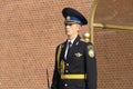 Russian soldier on guard in the Moscow Kremlin. Honor guard near the tomb of the unknown soldier. The dress uniform of the Russian Royalty Free Stock Photo