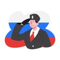 Russian soldier saluting against Russian Federation flag. Citizen of Russia.