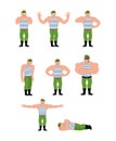 Russian soldier set poses. Airborne troops happy and yoga. Parat