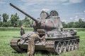 Russian soldiers checking a tank