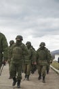 Russian soldiers on march in Perevalne, Crimea Royalty Free Stock Photo