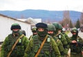 Russian soldiers on march in Perevalne, Crimea Royalty Free Stock Photo