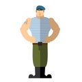 Russian soldiers. Military man in t-shirt and blue beret. A strong man stands. Vector illustration. Airborne Troops. Vector illus