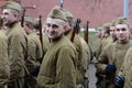 Russian soldiers prepare to parade in Red Square in Moscow.