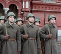 Russian soldiers prepare to parade in Red Square in Moscow.