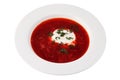 Russian soup, beetroot and cabbage borshch with sour cream, isolated. Royalty Free Stock Photo