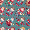 Russian souvenir. Matryoshka - babushka doll. Seamless pattern.