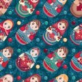 Russian souvenir. Matryoshka - babushka doll. Seamless pattern. Vector Royalty Free Stock Photo