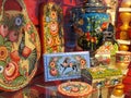 Russian Souvenirs for sale to tourists in the window of Gostiny Dvor on Nevsky Prospekt - main tourist street of St. Petersburg