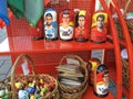 Russian souvenirs in a shop. Football players matreshka Royalty Free Stock Photo