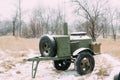 Russian Soviet World War II Field Kitchen In Winter Forest. WWII Equipment Of Red Army. Mobile Kitchen, Mobile Canteens Royalty Free Stock Photo