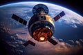 Russian spacecraft in Earth orbit. the view from the ISS. Deep space blue planets Royalty Free Stock Photo