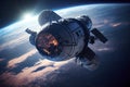 Russian spacecraft in Earth orbit. the view from the ISS. Deep space blue planets Royalty Free Stock Photo