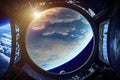 Russian spacecraft in Earth orbit. the view from the ISS. Deep space blue planets Royalty Free Stock Photo