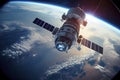 Russian spacecraft in Earth orbit. the view from the ISS. Deep space blue planets Royalty Free Stock Photo