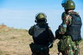 Russian special forces soldiers with weapon take part in military maneuver