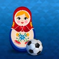 Russian sport event poster of doll and soccer ball