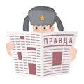 Russian spy in a hat watches because of the newspaper True . Cartoon spy.