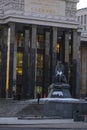 Russian state library of Lenin and monument to Fedor Dostoyevsky at an entrance