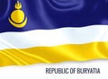 Russian state Republic of Buryatia flag waving on an isolated white background. State name is included below the flag.