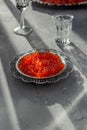 Russian style food background with red caviar Royalty Free Stock Photo