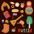 Russian symbols doodle icons vector set