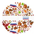 Russian symbols in round frame composition, vector illustration. Isolated flat icons of Russian culture and tradition