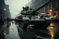 Russian tanks in the rain on the streets of Moscow, Russia