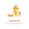 Russian Tea Banner Template with Place for Text and Russian Culture Symbols, Samovar, Matryoshka, Pancakes Vector