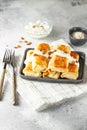 Russian thin pancakes with cottage cheese and raisins. Healthy traditional breakfast