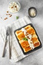 Russian thin pancakes with cottage cheese and raisins. Healthy traditional breakfast concept Royalty Free Stock Photo