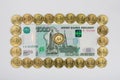 Russian thousandth banknote lined perimeter of a ten coins in the middle of the coin is a Royalty Free Stock Photo