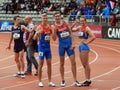 Russian Track and Field team celebrate first place in relay race on DecaNation International Outdoor Games on September 13, 2015