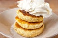 Russian traditional breakfast cottage cheese pancake in plate with sugar powder on wooden background