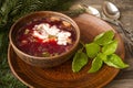 Russian traditional cuisine, red borscht made of beetrot, vegetables and meat with sour cream, winter hot rustic soup Royalty Free Stock Photo