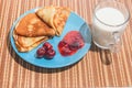 Russian traditional dish pancakes with cherries, jam and milk