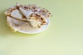 Russian traditional dish, pancakes with condensed milk on a white plate on a yellow background. Copy space Traditional delicious