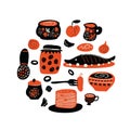 Russian traditional food. Funny circle hand drawn illustration with different dishes. Vector design.