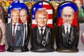 Russian traditional nested dolls. Dolls have a portrait of Vladimir Putin and Donald Trump