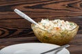 Russian traditional Olivier salad with vegetables and meat. Winter salad for New Year and Christmas. close-up, selective focus Royalty Free Stock Photo