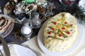Russian traditional salad Olivier with vegetables, meat. Christmas season. Royalty Free Stock Photo