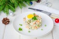 Russian traditional salad Olivier with vegetables and meat for New Year and Christmas. Royalty Free Stock Photo