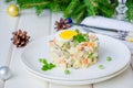 Russian traditional salad Olivier with vegetables and meat for New Year and Christmas. Royalty Free Stock Photo